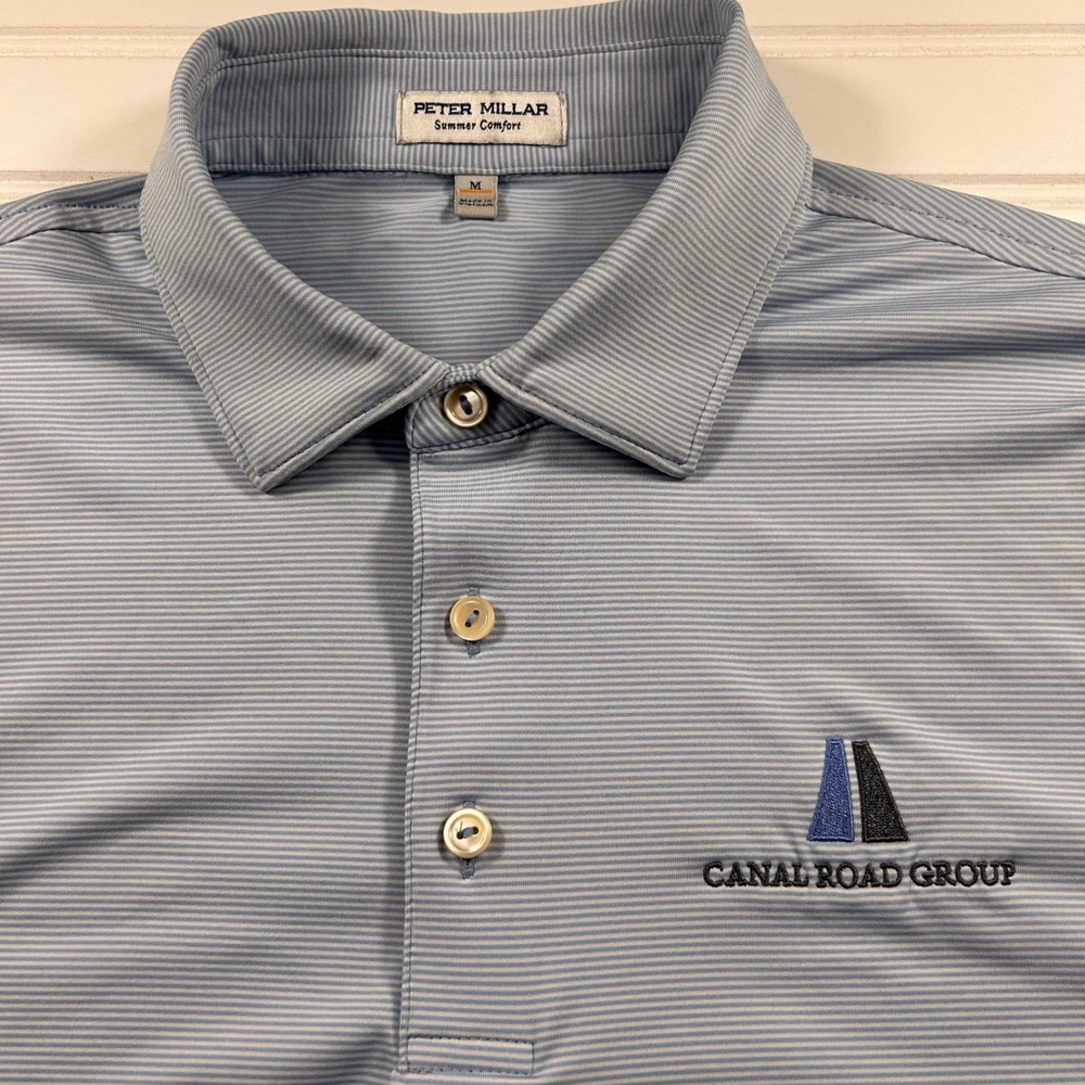 Peter Millar Summer Comfort Polo Mens Medium Blue Striped Canal Road Group Golf